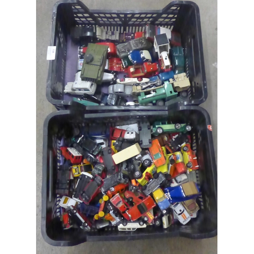 738 - Two boxes of die-cast model vehicles, mainly Dinky and Matchbox