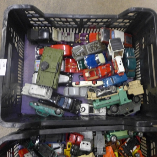 738 - Two boxes of die-cast model vehicles, mainly Dinky and Matchbox