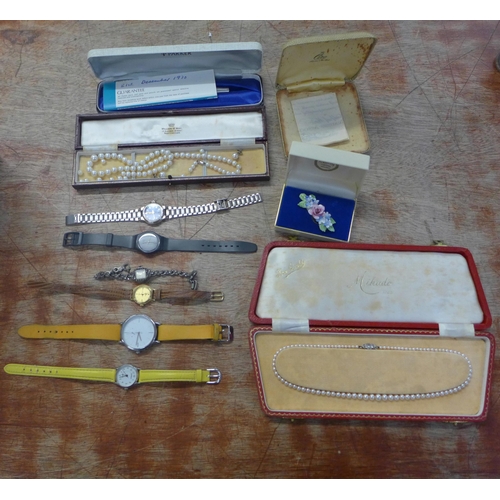 746 - A collection of vintage jewellery, wristwatches, pearl necklaces, pens including one with 14ct gold ... 