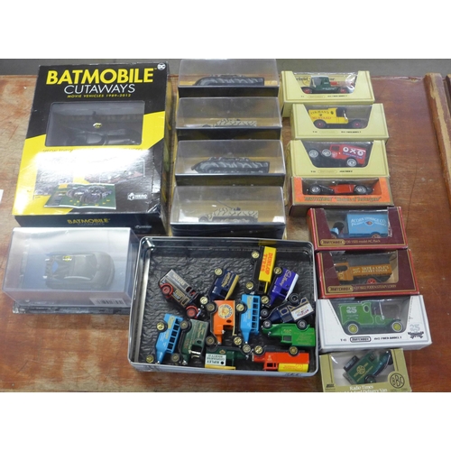 756 - Die-cast model vehicles, Batmobile Cutaways Special Edition Guide and Model, four model tanks, etc.