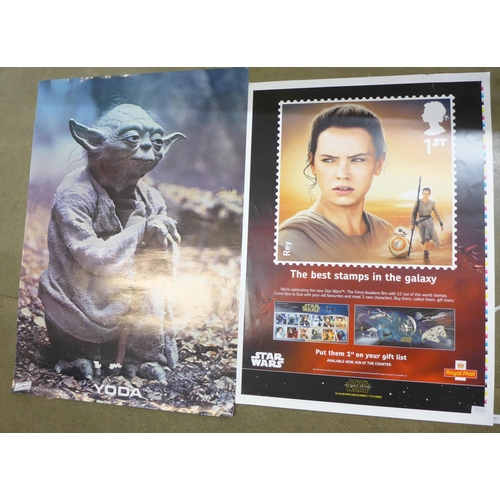 765A - Two original large Star Wars posters, approximately 100 x 70cm, Yoda 1980 and Rey 2015, Royal Mail