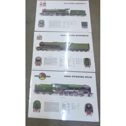 768 - Three large laminated locomotive technical display posters, 70 x 50cm, The Flying Scotsman, King Geo... 