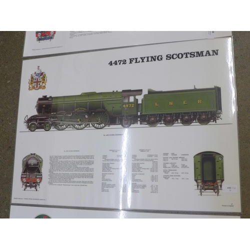 768 - Three large laminated locomotive technical display posters, 70 x 50cm, The Flying Scotsman, King Geo... 