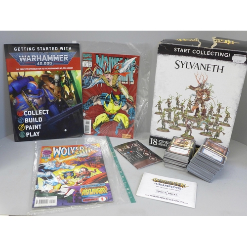 773 - Warhammer 18 Citadel miniatures, boxed, two Marvel Comics Wolverine and a Warhammer brochure and col... 