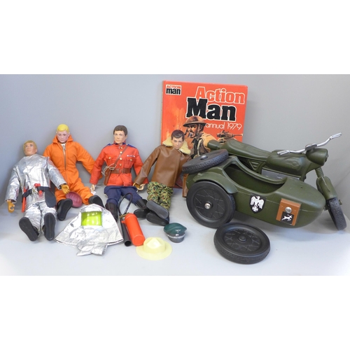 781 - Four Action Man figures, motorbike and side car and an annual