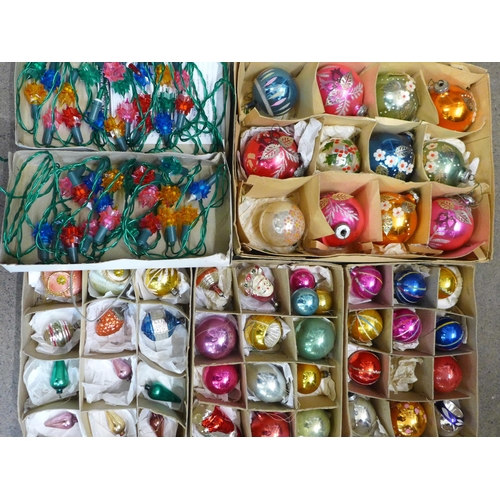 790 - A collection of forty-nine vintage Christmas baubles, two sets of vintage Christmas lights and Chris... 