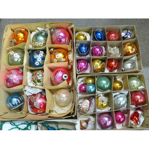 790 - A collection of forty-nine vintage Christmas baubles, two sets of vintage Christmas lights and Chris... 