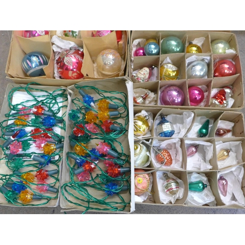 790 - A collection of forty-nine vintage Christmas baubles, two sets of vintage Christmas lights and Chris... 