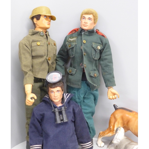 797 - Three Action Man figures, motorbike and side car and three dogs