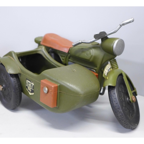 797 - Three Action Man figures, motorbike and side car and three dogs