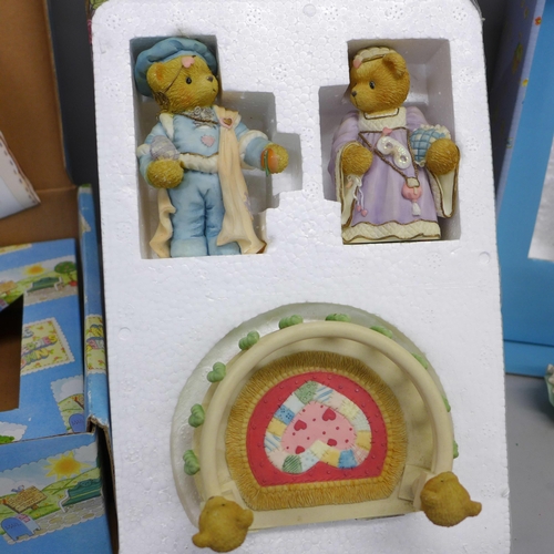 808 - A Cherished Teddies Romeo and Juliet with balcony display and two collector's sets, one incomplete