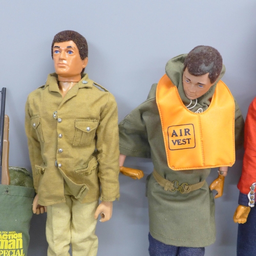 813 - Four vintage Action Man figures and associated clothing