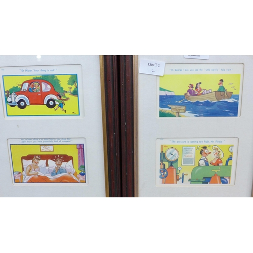 821 - Three framed sets of humorous seaside postcards and four Andy Capp softback books