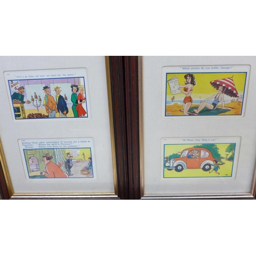 821 - Three framed sets of humorous seaside postcards and four Andy Capp softback books