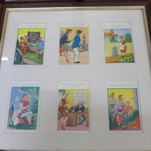 821 - Three framed sets of humorous seaside postcards and four Andy Capp softback books