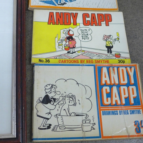 821 - Three framed sets of humorous seaside postcards and four Andy Capp softback books