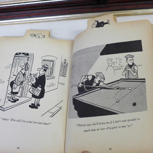 821 - Three framed sets of humorous seaside postcards and four Andy Capp softback books