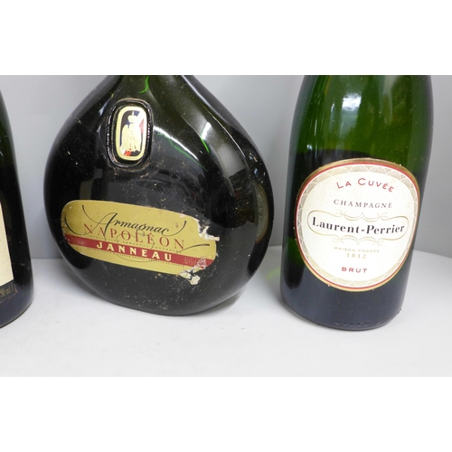 839 - Three bottles of champagne, Moet and Chandon, Oudinot and Laurent Perrier, a bottle of Armagnac Napo... 