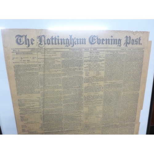 846 - A collection of old newspapers, including framed The Nottingham Evening Post, Wednesday May 1 1878, ... 