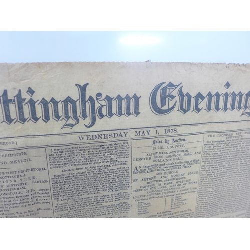 846 - A collection of old newspapers, including framed The Nottingham Evening Post, Wednesday May 1 1878, ... 