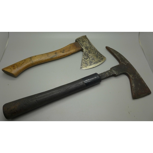 878 - A WWII German foot soldier's axe and a British rescue axe