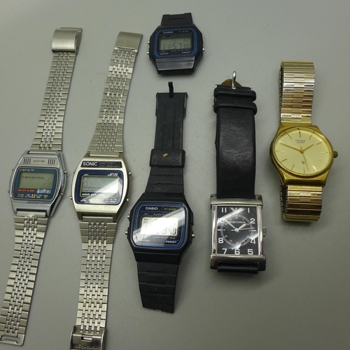 948A - Six wristwatches; Emporio Armani, Citizen quartz, two LCD Melody Alarm and two asio LCD