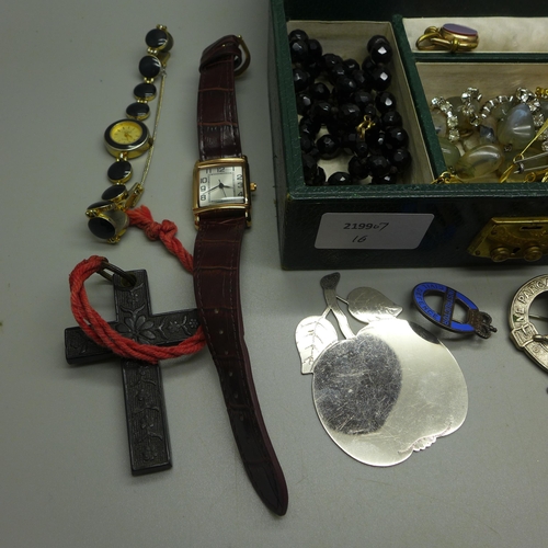 965 - A jewellery box containing costume jewellery, a fob, crucifix, watch, etc.