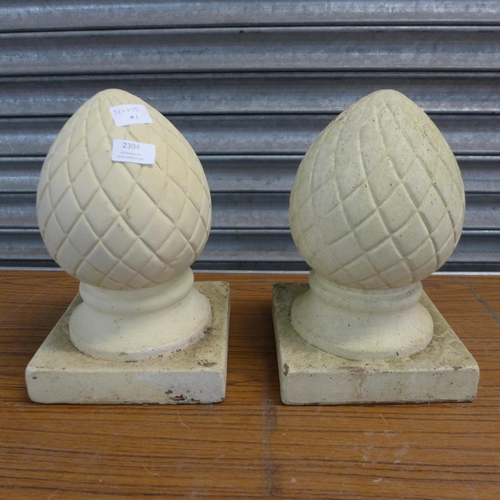 2304 - 2 Stone acorn pillar caps