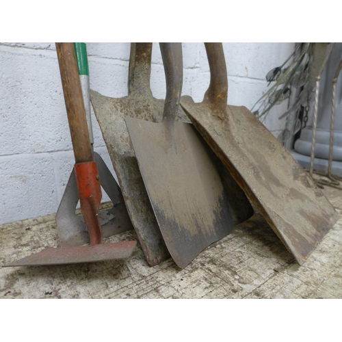 2323 - A bundle of garden tools including two shovels, a spade and a hoe