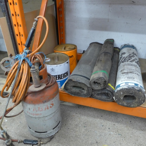 2337 - 3 Rolls of torch on roofing felt, a gas torch and water proofing