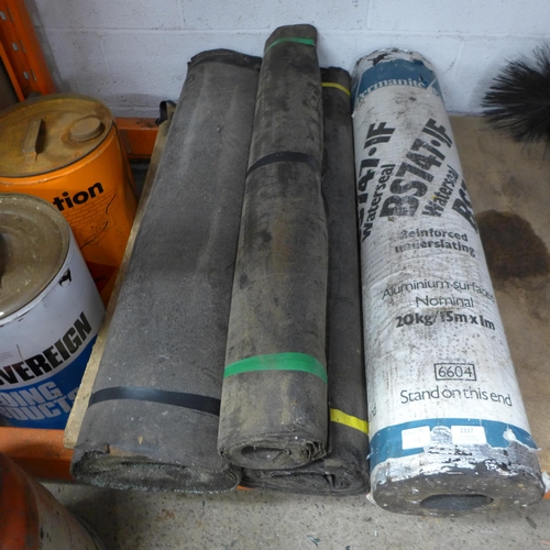 2337 - 3 Rolls of torch on roofing felt, a gas torch and water proofing