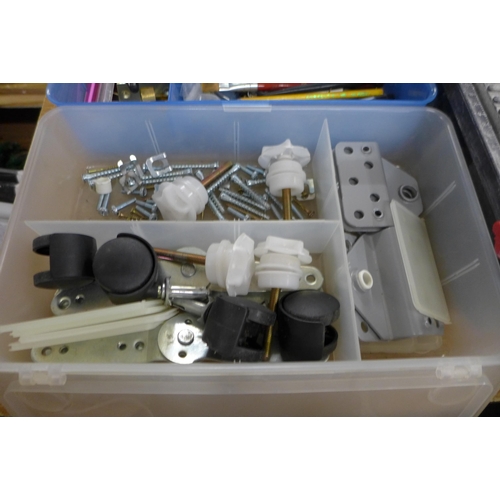 2379 - A tile cutter, casters, nuts, bolts, pens, etc.