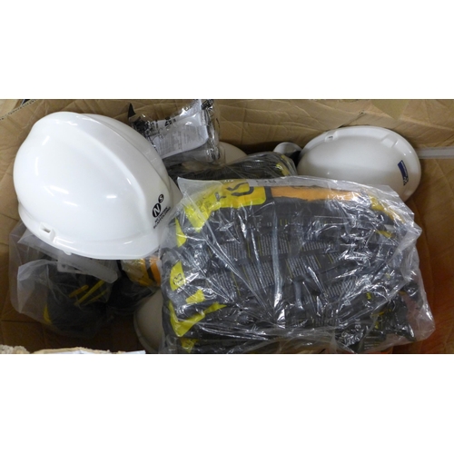 2413 - A box of health and safety equipment; gloves, helmets, harness and goggles