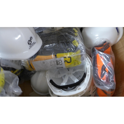 2413 - A box of health and safety equipment; gloves, helmets, harness and goggles