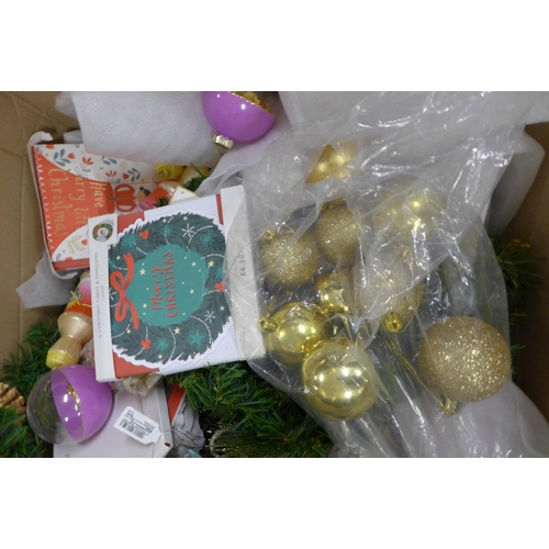 2444 - A box of Christmas decorations, cards, Paperchase items, etc.