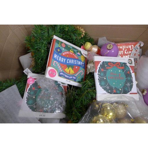 2444 - A box of Christmas decorations, cards, Paperchase items, etc.