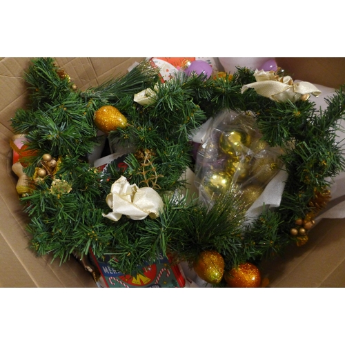 2444 - A box of Christmas decorations, cards, Paperchase items, etc.