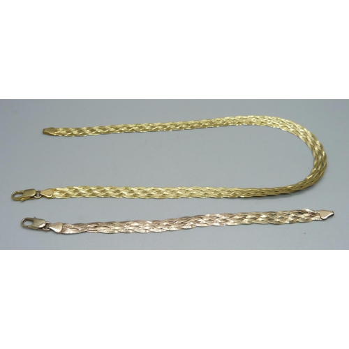 1014 - A 9ct gold bracelet, 17.8cm, and a 9ct gold necklace, 40cm, bracelet links a/f, 17g total