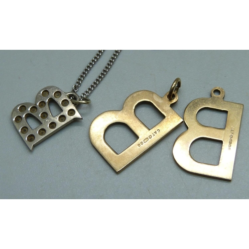 1037 - A white metal and diamond 'B' pendant on an 18ct gold chain, 5.4g and two 9ct gold 'B' pendants, 4g