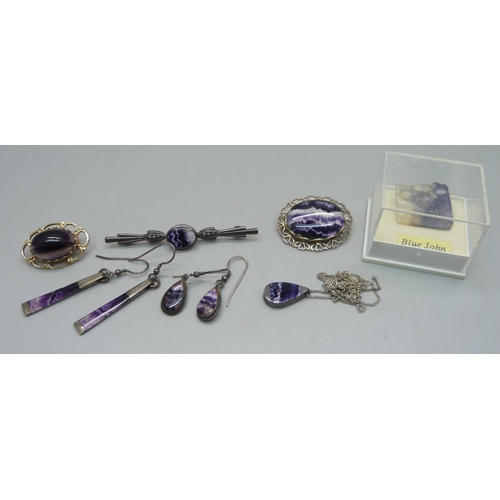 1043 - A collection of Blue John jewellery including two silver brooches, two pairs of silver earrings, a c... 