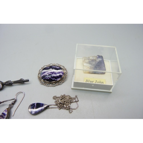 1043 - A collection of Blue John jewellery including two silver brooches, two pairs of silver earrings, a c... 