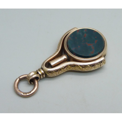 1049 - A yellow metal swivel fob key set with agate and bloodstone, with import mark and stamped 10, 6.1g, ... 