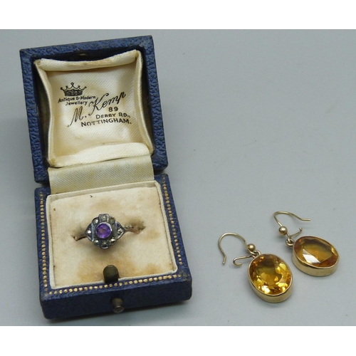 1085 - A pair of 9ct gold and citrine earrings, 4.5g, and a 9ct gold and silver ring, N, one stone missing