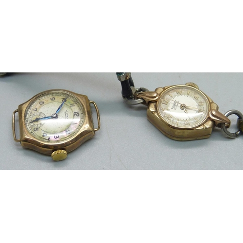 1086 - A pair of 9ct gold earrings and two lady's 9ct gold Rotary wristwatches