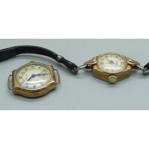 1086 - A pair of 9ct gold earrings and two lady's 9ct gold Rotary wristwatches