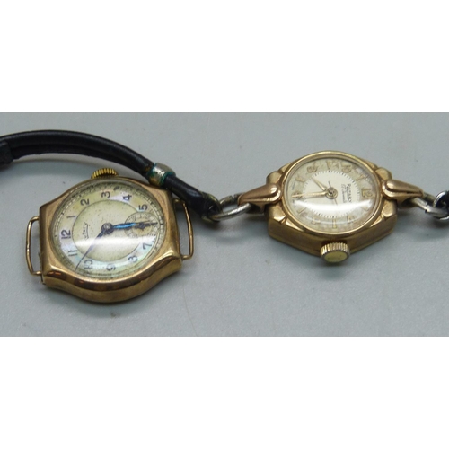 1086 - A pair of 9ct gold earrings and two lady's 9ct gold Rotary wristwatches