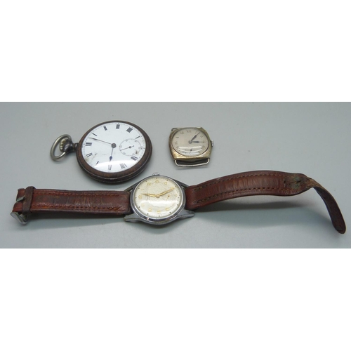 1090 - A silver cushion cased wristwatch, a gun metal pocket watch and a Bentima Star wristwatch