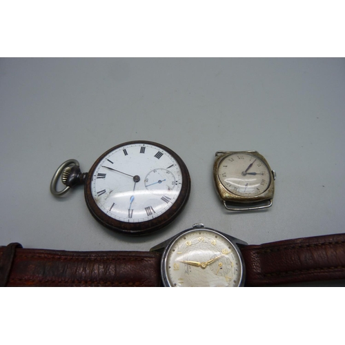 1090 - A silver cushion cased wristwatch, a gun metal pocket watch and a Bentima Star wristwatch