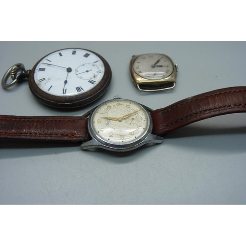 1090 - A silver cushion cased wristwatch, a gun metal pocket watch and a Bentima Star wristwatch