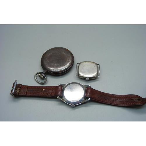 1090 - A silver cushion cased wristwatch, a gun metal pocket watch and a Bentima Star wristwatch